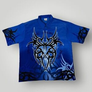 Vintage No Boundaries Shirt Mens Large Blue Tribal Tattoo Graphic Button Up 00s